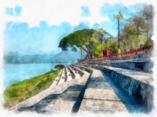 Obraz premium Mekong river landscape of Thailand watercolor style illustration impressionist painting.