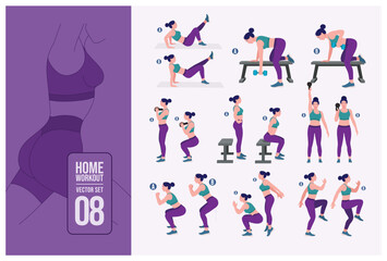 Women Workout Set. Women doing fitness and yoga exercises. Lunges, Pushups, Squats, Dumbbell rows, Burpees, Side planks, Situ ps, Glute bridge, Leg Raise, Russian Twist, Side Crunch .etc	