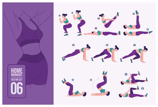 Women Workout Set. Women doing fitness and yoga exercises. Lunges, Pushups,  Squats, Dumbbell rows, Burpees, Side planks, Situ ps, Glute bridge, Leg  Raise, Russian Twist, Side Crunch .etc 13794570 Vector Art at