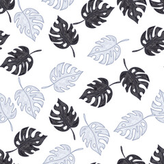 Scribble monstera leaves tropical seamless pattern. Hand drawn exotic hawaiian jungle backdrop. Rainforest background.