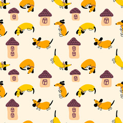 Hand drawn seamless pattern with dachshunds and houses. Perfect for T-shirt, postcard, textile and print. Doodle illustration for decor and design.