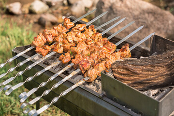 Barbecue on the grill. Marinated meat on skewers, shish kebab, beef steaks on grill during summer time