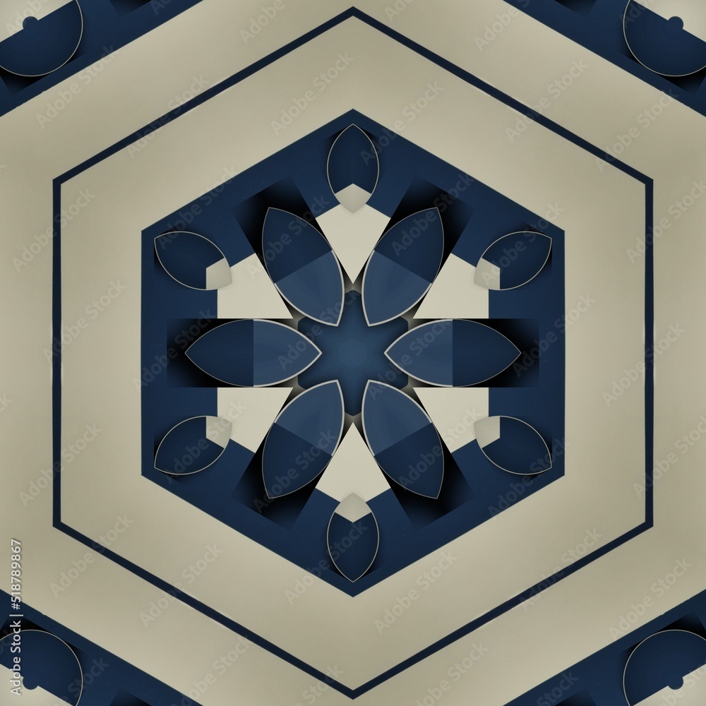 Aufkleber striped and circular pattern and hexagonal kaleidoscopic design in blue and beige