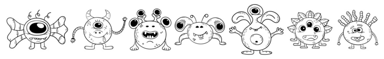 Naklejka premium Set of seven vector monsters with round torso. Funny hand drawn characters. Vector black and white monsters. Cartoon aliens. Set of seven elements for your design. Colouring in. 