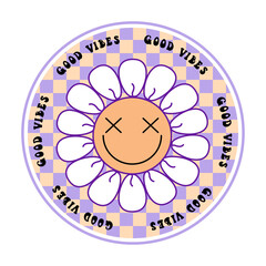 Retro groovy daisy with smile flowers sticker and quote good vibes on 70s style with checkered background. Vector doodle illustration. Design for t shirt, card, flyer, banner, pin
