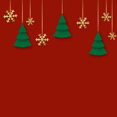 Christmas illustration with several hanging tree gold snowflakes on red background