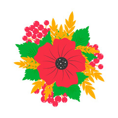 Traditional Ukraine bouquet with poppy, wheat and kalyna Vector illustration