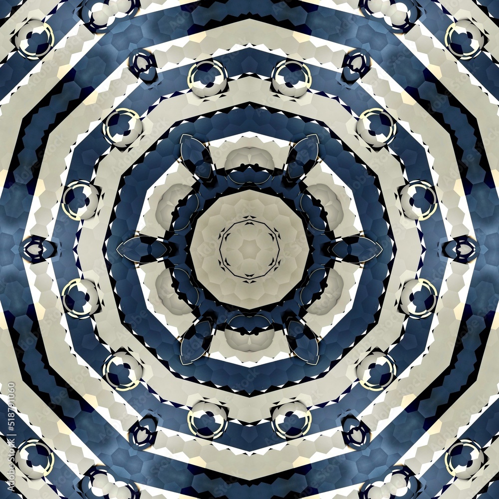 Aufkleber striped and circular pattern and hexagonal kaleidoscopic design in blue and beige