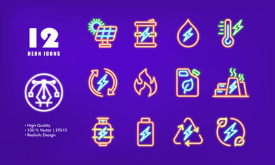 Power plants set icon. Solar battrey, lightning, water drop, high temperature, fire, recycling, circular arrows, leaf, eco. Technology concept. Neon glow style. Vector line icon for Business