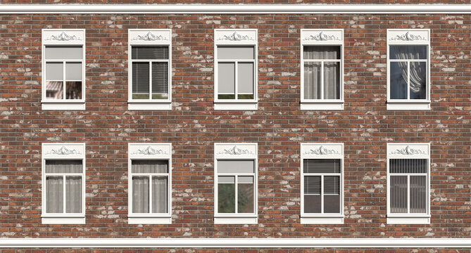 White window openings against the background of an old brick wall. 3D render of a retro building facade serves as a background.