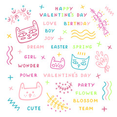 Dreamy vector set with cute cartoon kittens and inscriptions on the theme of holidays, fun, spring in joyful pastel shades. For girls, boys, adults, for greetings, postcards, wrappers, textiles