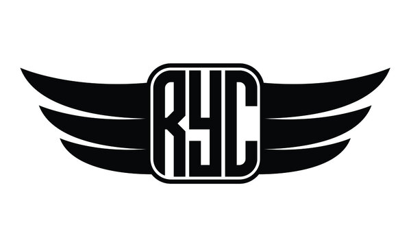 RYC three Letter Wings Flying Initial wing symbol minimalist creative concept flag icon professional logo design Vector template with abstract black and white tattoo	