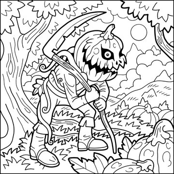 scary monster jack lantern, coloring book, funny illustration