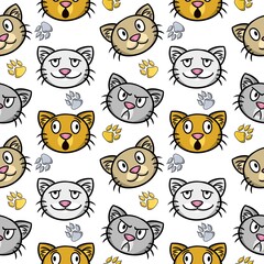 Fototapeta premium Cute cats with different emotions, Funny print with cat faces, seamless square pattern