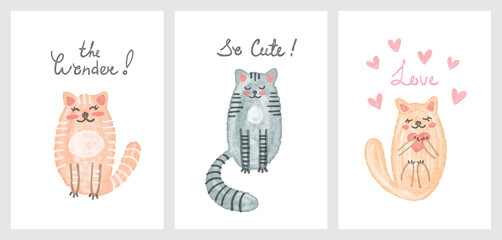 Cute vector kit with kittens. Abstract cartoon cats in children's watercolor style with inscriptions for backgrounds, postcards, gifts, wrappers, textiles, toddlers and children, decor and interior