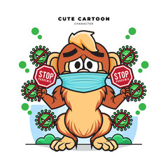 Cute cartoon character of monkey wearing mask and holding stop pandemic sign