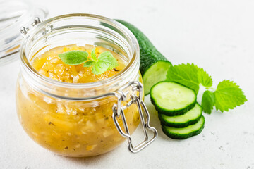 Sweet spicy ginger cucumber mint jam. Top view, copy space, flat lay.