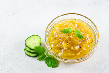 Zucchini cucumber mint jam. Top view, copy space, flat lay.