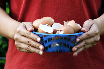 The eggshells were placed in a plastic basket held by a woman's hand. Eggshells left over from cooking in the kitchen to be processed into useful things.