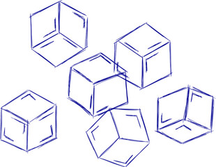 Hand drawn line ice cube, sugar, toys. Cold pieces, pieces of ice,  doodle sketches. The review is illustrated with cubes. Vector illustration with cubes.