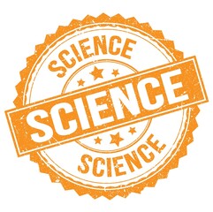 SCIENCE text on orange round stamp sign