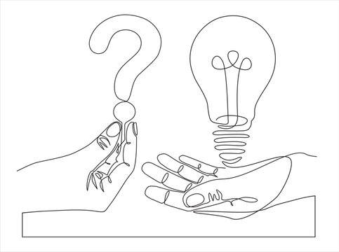 recommend clip art: continuous single one line drawing of question and answer, solving problem or business solution, FAQ concept.