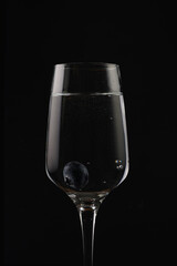 a champagne glass on black background contour light with sparkling liquid and blueberries