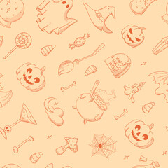 Halloween vintage seamless pattern with hand drawn doodles. Good for kids textile prints, wrapping paper, wallpaper, scrapbooking, stationary, backgrounds, etc. EPS 10
