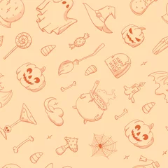 Meubelstickers Halloween vintage seamless pattern with hand drawn doodles. Good for kids textile prints, wrapping paper, wallpaper, scrapbooking, stationary, backgrounds, etc. EPS 10 © Натали Осипова