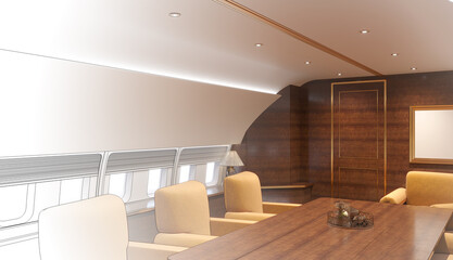 3d visualization of the VIP cabin of a business class aircraft, 3d render
