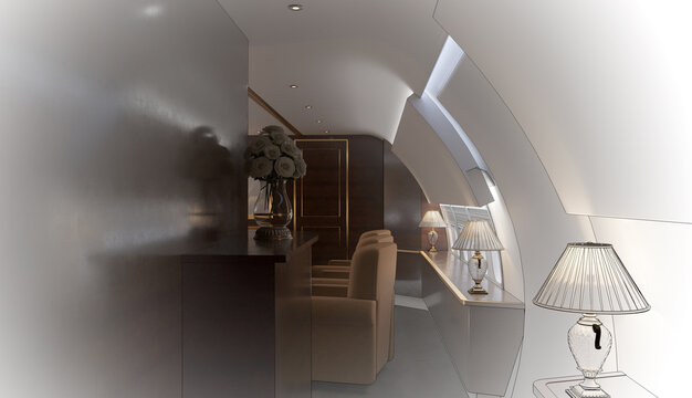3d visualization of the VIP cabin of a business class aircraft, 3d render
