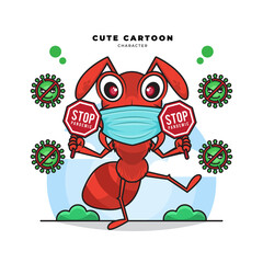 Cute cartoon character of ant with stop pandemic covid-19 sign