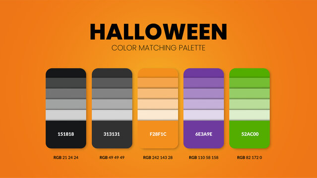Halloween theme color palettes or color schemes are trends combinations and palette guides this year, a table color shades in RGB or HEX. A color swatch for a spring fashion, home, or interior design
