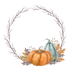 Autumn composition of pumpkins, oak leaves, dry grass and branches. Round natural frame, isolated on white background. Painted by hand in watercolor.