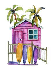 watercolor illustration of a beach house with a surfboard. A postcard of a summer sea holiday