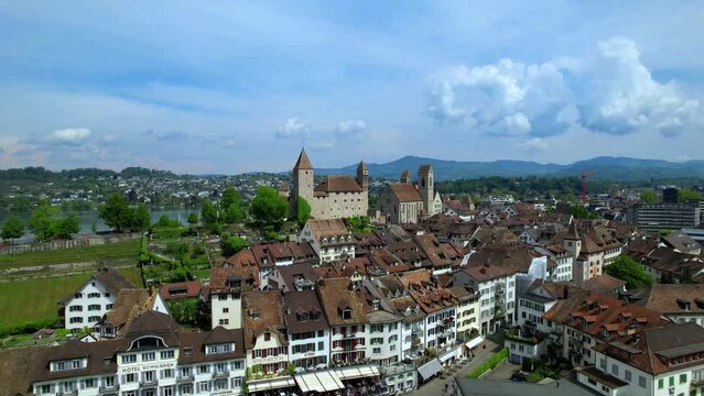 Rapperswil - Jona - scenic medieval town and castle in lake Zurich, aerial drone viedeo. Switzerland travel and landmarks
