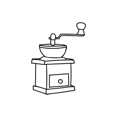 Classic coffee grinder in woden case. Coffee grinder illustration doodle in vector. Hand drawn coffee grinder illustration in vector.