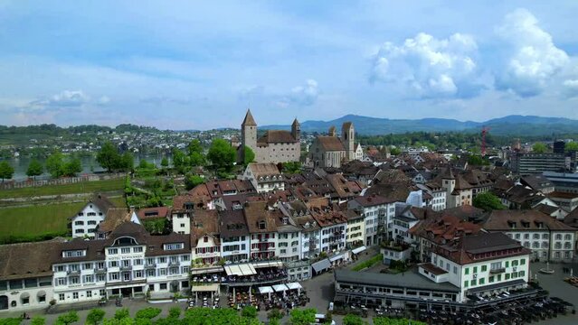 Rapperswil - Jona - scenic medieval town and castle in lake Zurich, aerial drone viedeo. Switzerland travel and landmarks
