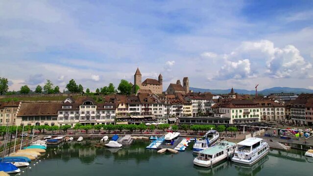 Rapperswil - Jona - scenic medieval town and castle in lake Zurich, aerial drone viedeo. Switzerland travel and landmarks
