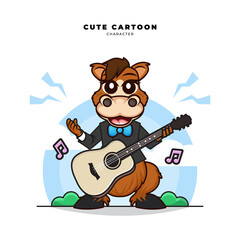 Cute cartoon character of horse is playing guitar