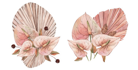 Watercolor Boho Floral Illustration isolated on white background. Watercolour Beige and Dusty Pink Bohemian Flowers Composition. Palm Leaves, Anthurium Flowers. Wedding  Invitations, design