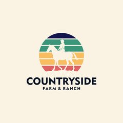 Rodeo retro logo with cowboy horse rider silhouette