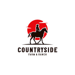 Cowboy Riding Horse Silhouette at Sunset logo