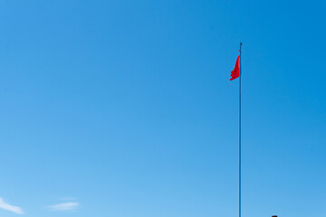 Flag sky fabric red background wave streamer riband cloth loop, from banner curve in scarf and tulle travel, luxury clothing. Cotton digitally drapery, textil