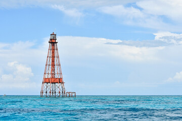 Sombrero Key Lighthouse offshore of Vaca Key in Marathon in the Florida Keys. 