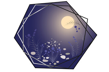 Abstract night landscape in a frame of polygons. Vector illustration for cover design, card, wall decor