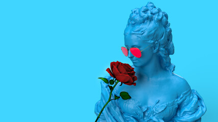 3d render bust of a woman sniffing a rose statue blue red romantic background love aroma