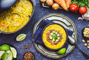 Harira- a Moroccan traditional spiced chickpea, lentil and vegetables soup. Vegetarian lentil soup decorated with parsley. Top view with close-up.