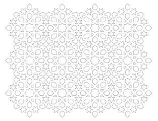 2D CAD drawing of Islamic geometric pattern. Islamic patterns use elements of geometry that are repeated in their designs. The pattern is drawn in black and white. 