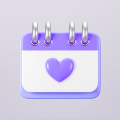 3d purple calendar with heart icon isolated. Render of daily wedding event schedule planner, valentine's day, birthday. Menstrual calendar control women cycle. 3d cartoon simple vector illustration